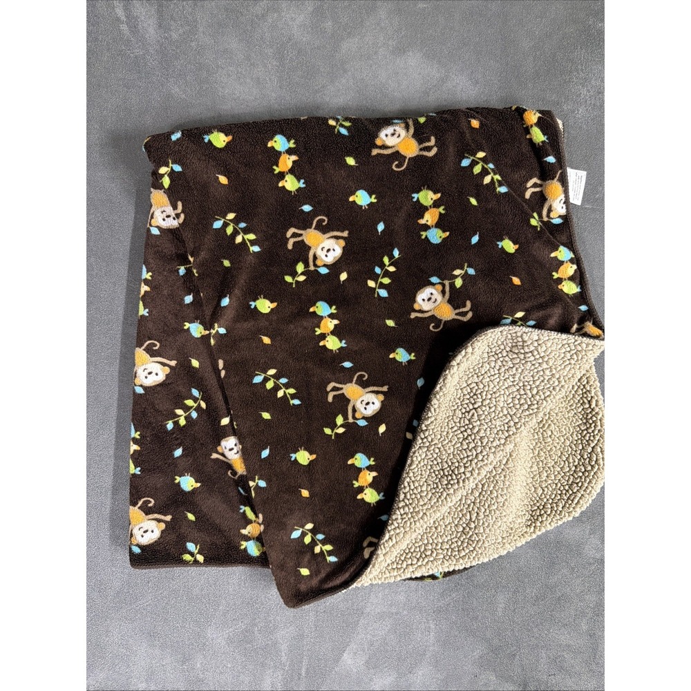 Garanimals Monkey Baby Blanket Walmart Brown Velour Tan Sherpa Bird Vines Leaves